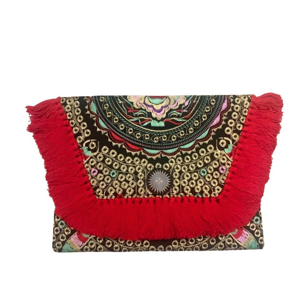 Colorful Floral Embroidered Clutch Tassels Red Black Fringe Maximalism Boho Bag